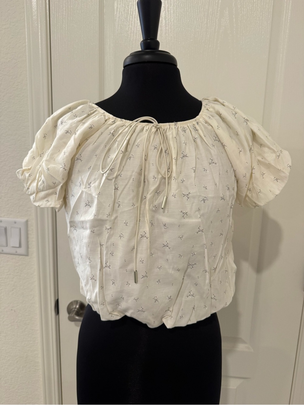 Cream Peasant Decorative Tie-Neck Top